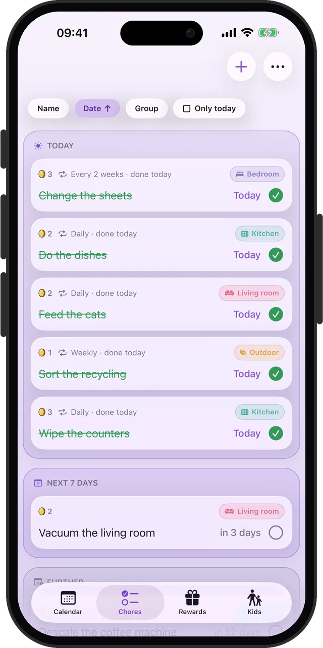 The Chores tab: what is due today and in the next 7 days, each with its repeat