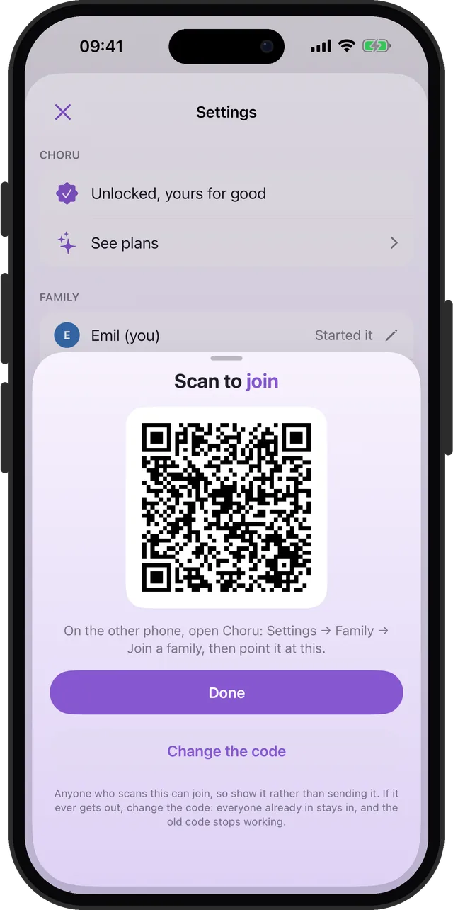 The family's join code, ready for another iPhone to scan