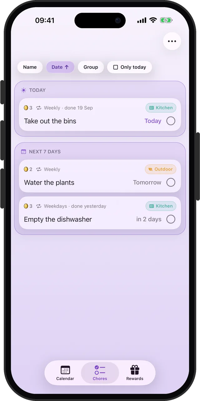 A kid's iPhone in Choru, showing only their own chores for today and the next 7 days