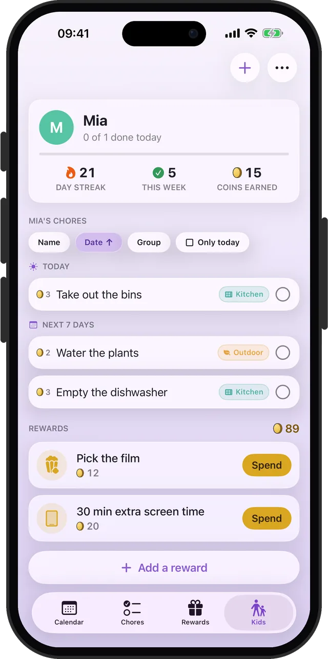 The Kids tab: a kid's streak, chores and rewards