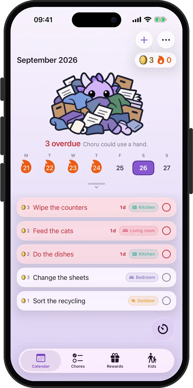 Choru on iPhone: the week calendar with three overdue chores, and Choru the dragon under a pile of mess