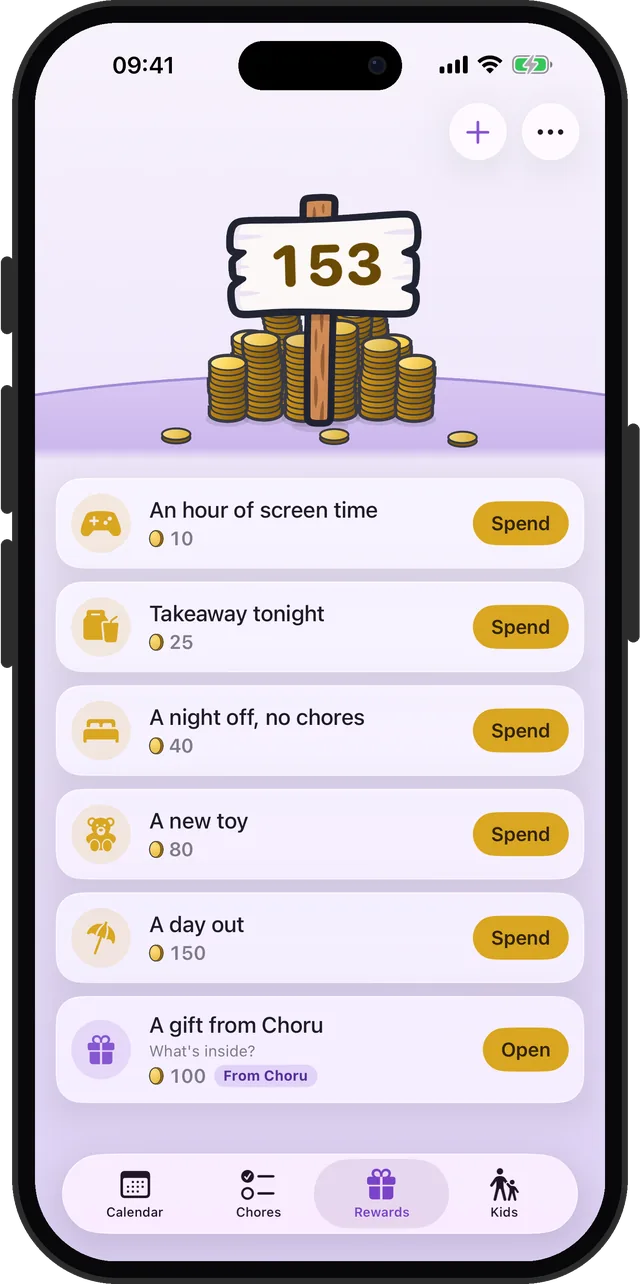 Rewards with their prices in coins, like an hour of screen time or a day out