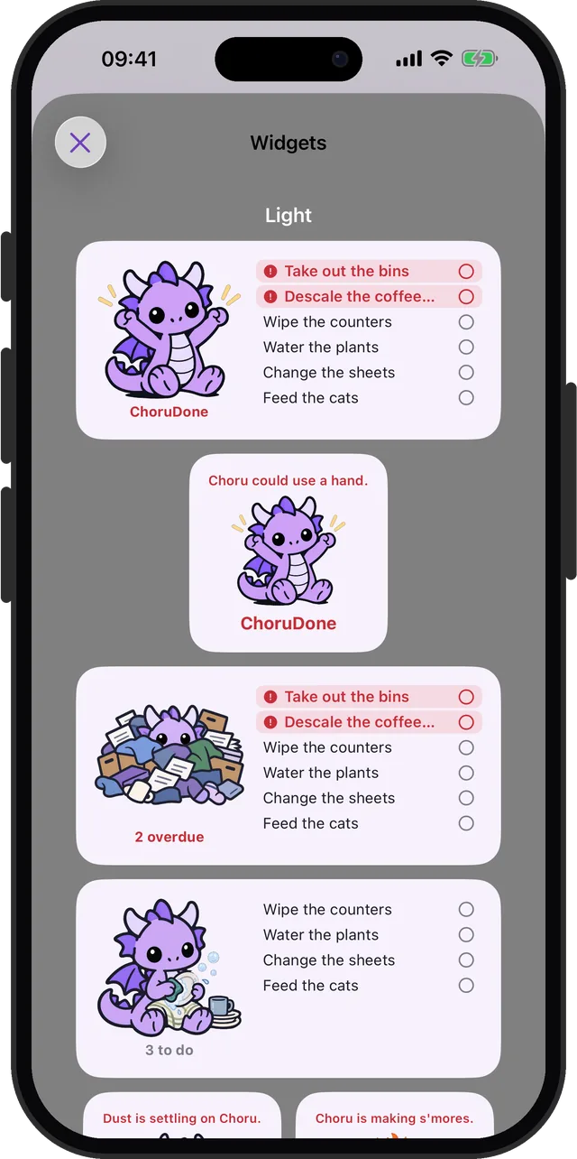 Home Screen widgets with today's chores and Choru the dragon